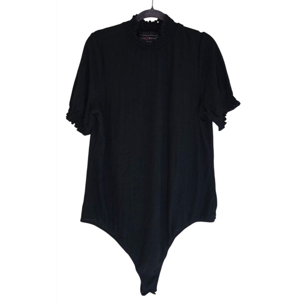 Black Plus Size 3X Short Sleeve High Neck Ruffle Hem Bodysuit By Polly & Esther